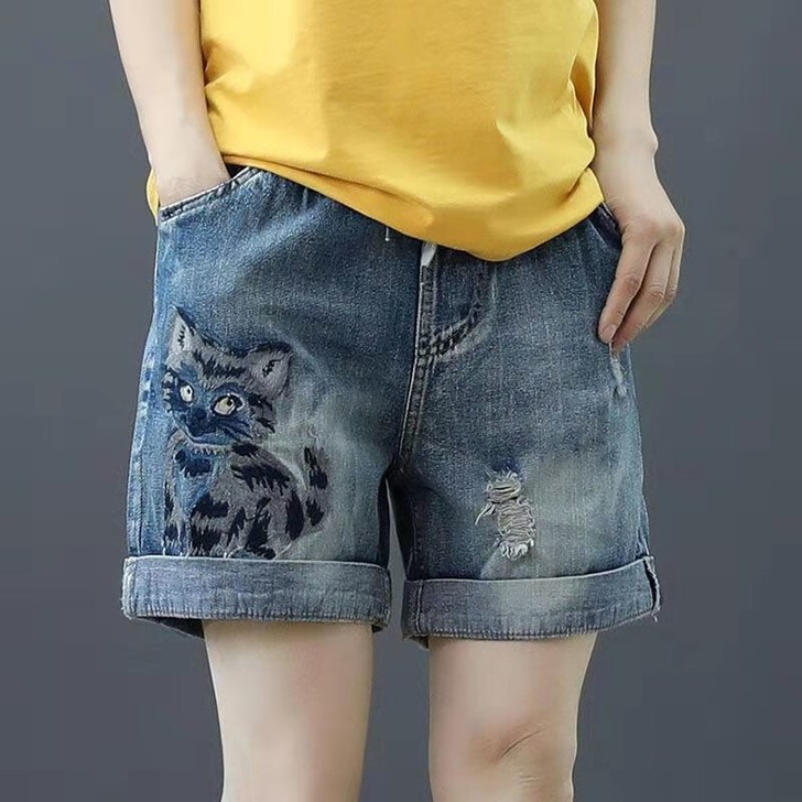松紧腰破洞牛仔短裤 夏季新款高腰宽松直筒休...