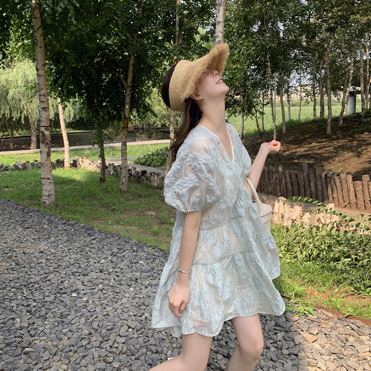 法式复古两穿v领蛋糕裙小个子蓬蓬连衣裙女夏...