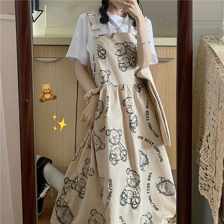 夏季新款港风韩版小熊工装背带连衣裙套装女学生