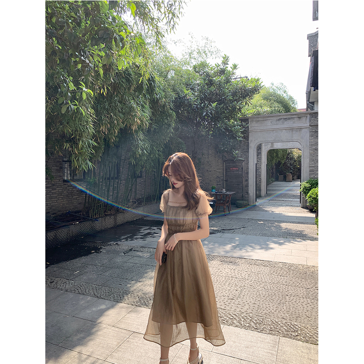 珍珍家泡泡袖方领连衣裙女夏2021新款裙子...