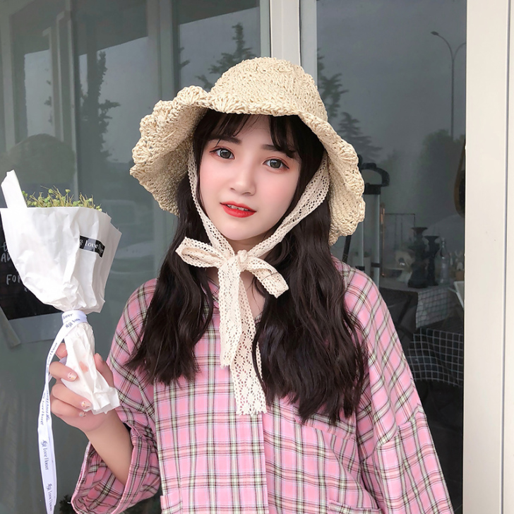 韩版ins小清新百搭草帽女夏绑带蝴蝶结度假...