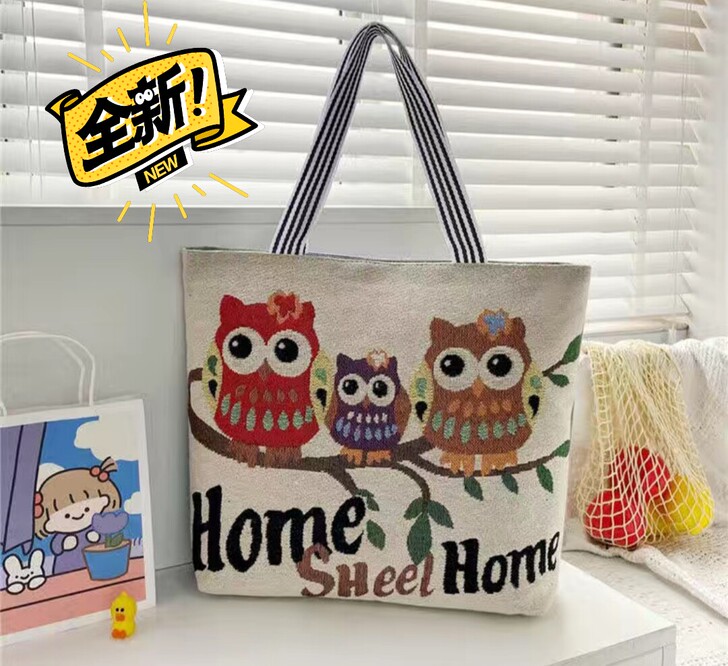 新款女包卡通织绣简约帆布包单肩包韩版休闲大...