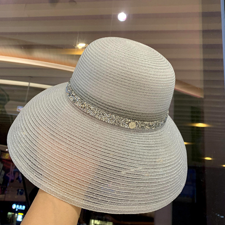 草帽女韩版夏天大檐渔夫帽复古镶钻太阳帽大沿...