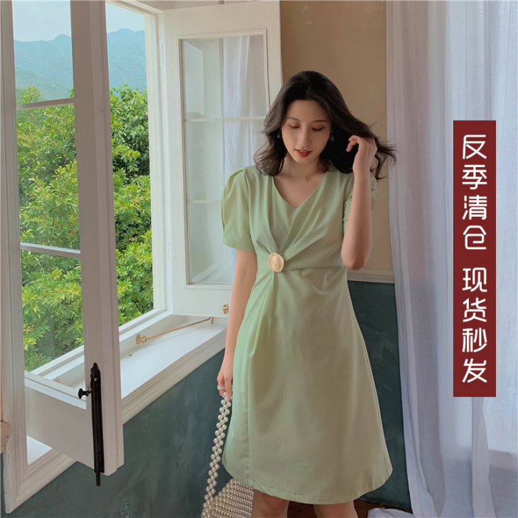 法风气质褶皱设计感短袖连衣裙女夏装新款韩版...