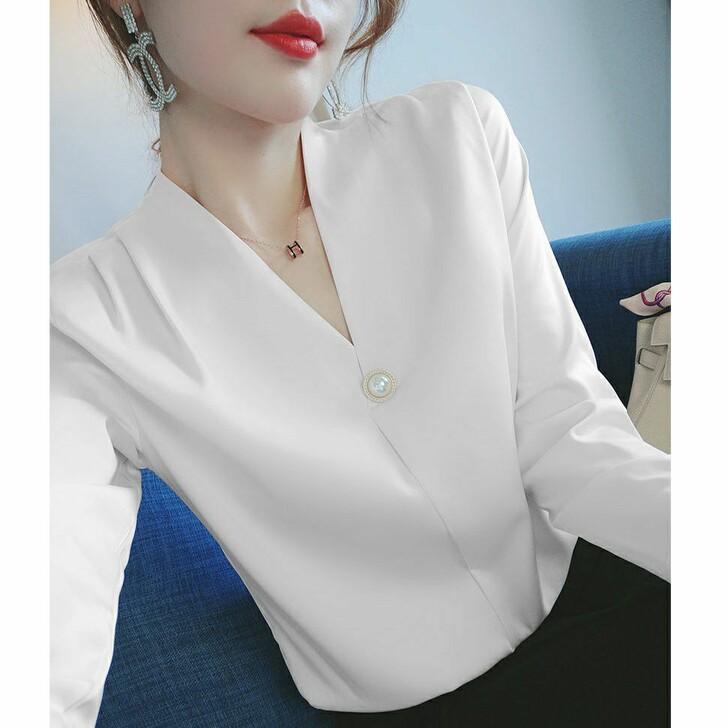 丝滑醋酸缎面v领上衣2020秋新款女士衬衫...