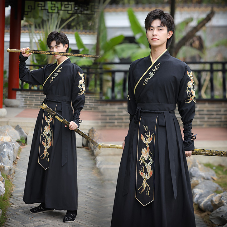 中国风古装大码交领长袖二件套重工汉服男生黑...