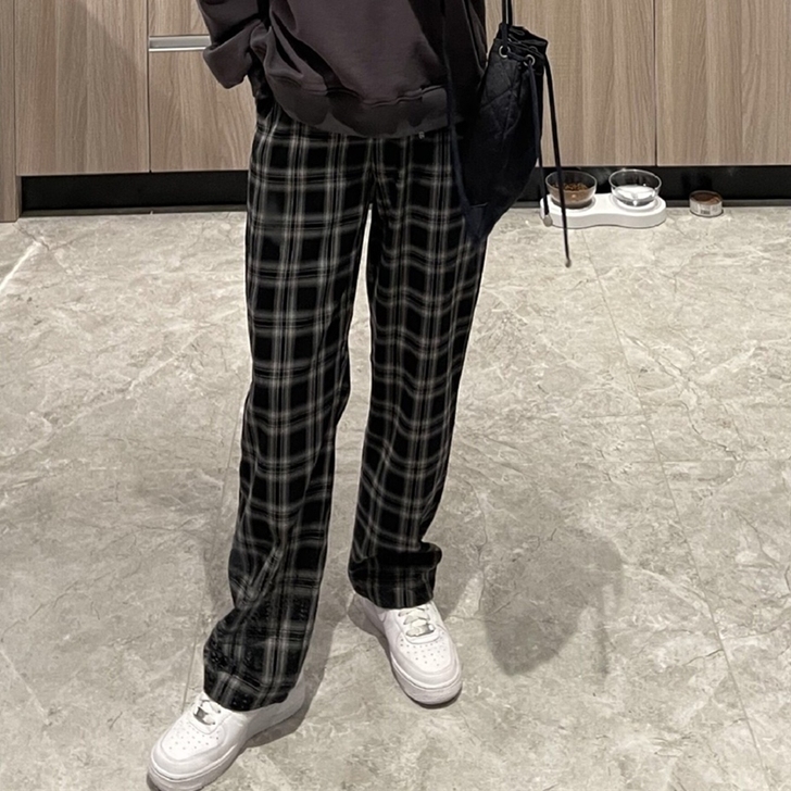 格子裤女直筒裤宽松显瘦春秋韩版复古网红百搭...