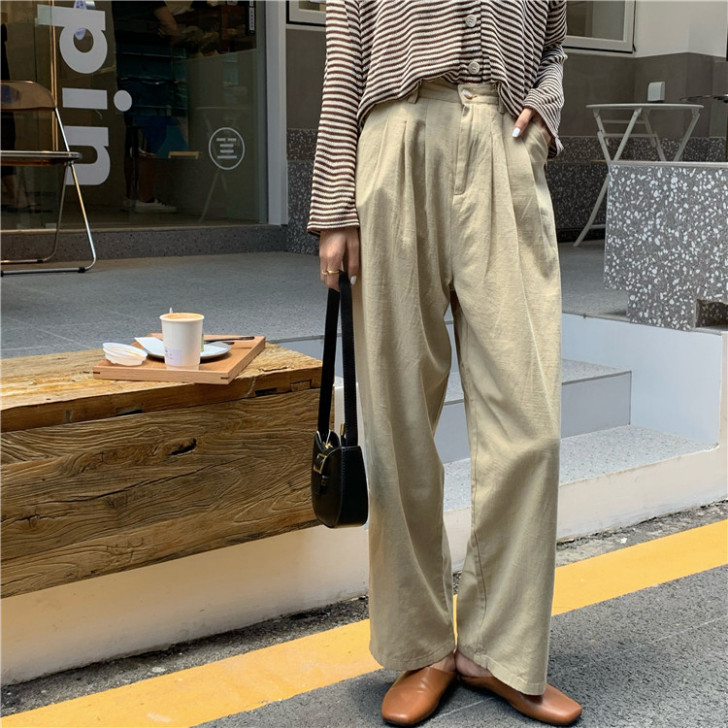 阔腿裤女2021新款韩版复古高腰直筒裤春季...