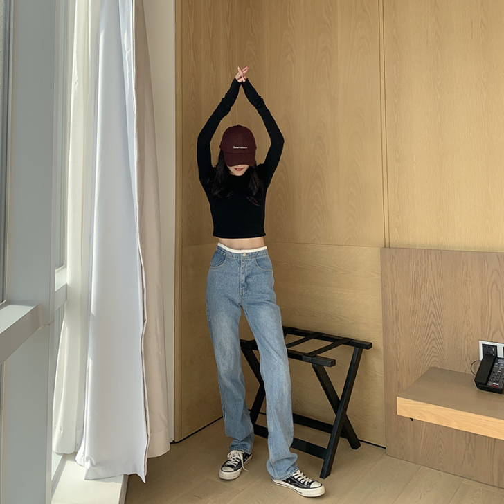 浅蓝色直筒宽松牛仔裤女2020年新款阔腿裤...