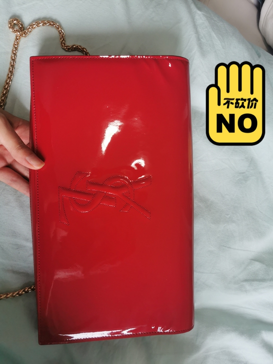 YSL圣罗兰手拿包链条包斜挎包红色漆皮手拿...