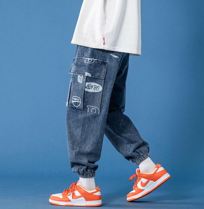 大口袋牛仔裤男潮牌ins高街宽松束脚休闲九...