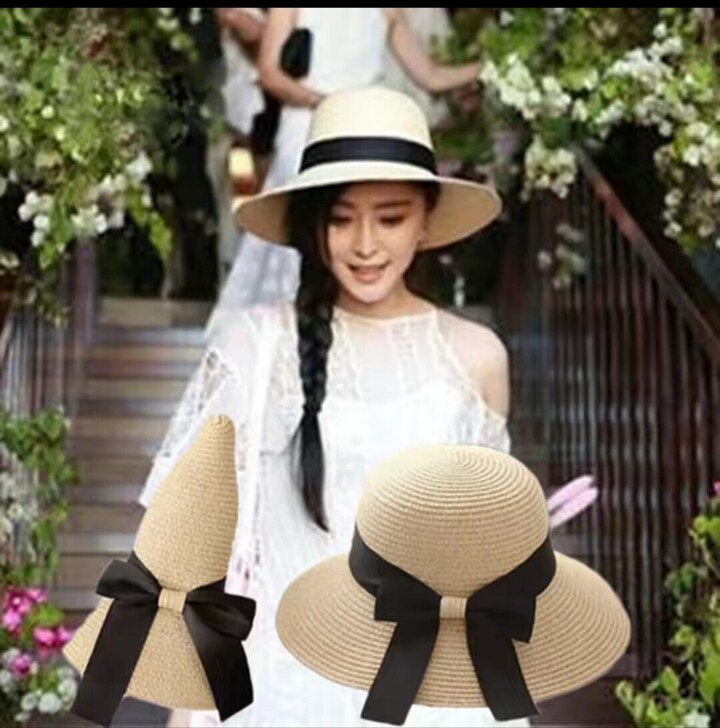 全新帽子草帽女夏遮阳帽可折叠显脸瘦太阳帽休...
