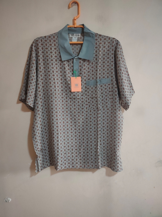 纯真丝桑蚕丝双绉短袖衬衣T恤上衣衬衣男花纹...