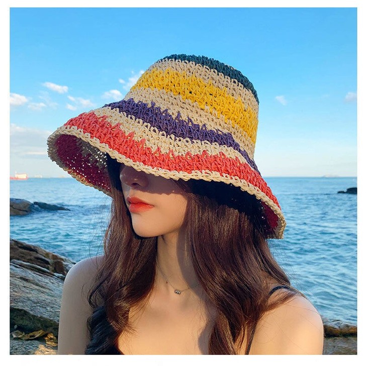 草帽女小清新编织渔夫帽彩虹沙滩夏季遮阳太阳...
