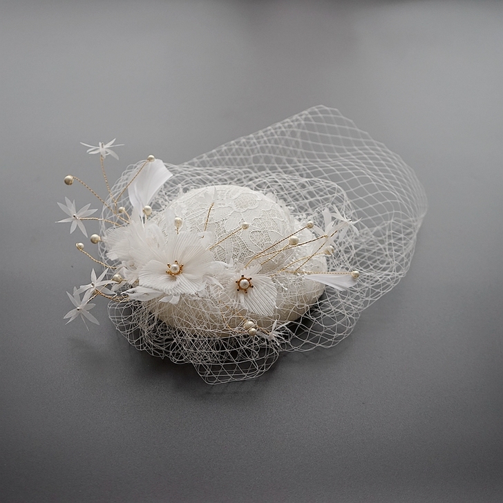 法式白色复古网纱小礼帽女新娘婚纱森系蕾丝超...