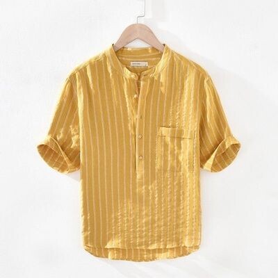 日系条纹衬衫男短袖夏季宽松薄款立领套头半袖...