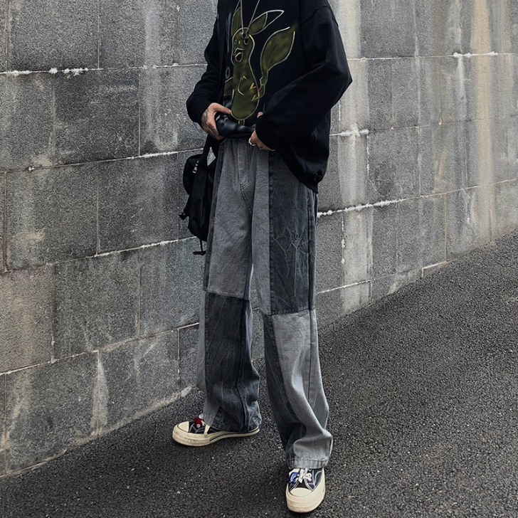 INS欧美高街嘻哈潮牌水洗做旧宽松直筒老爹...