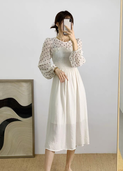 2021春夏新款温柔风波点拼接收腰显瘦法式...