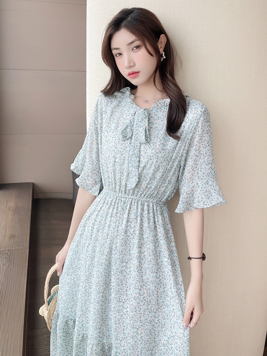 绿色雪纺碎花裙