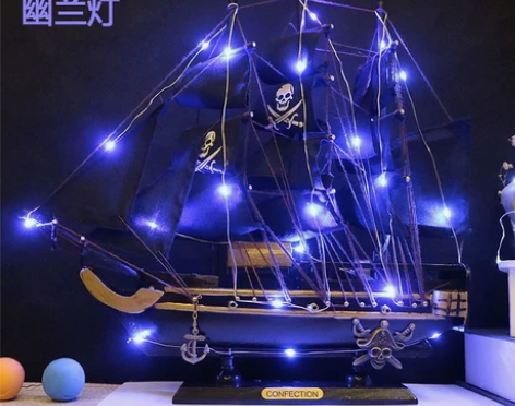 实木海盗船模型摆件海贼船装饰品灯船一帆风顺...