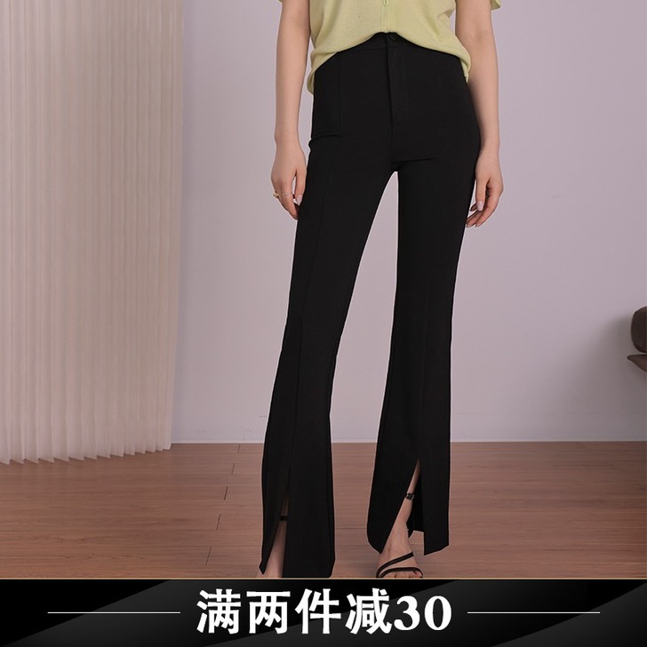 NANASTORE黑色开叉喇叭裤女高腰显瘦...