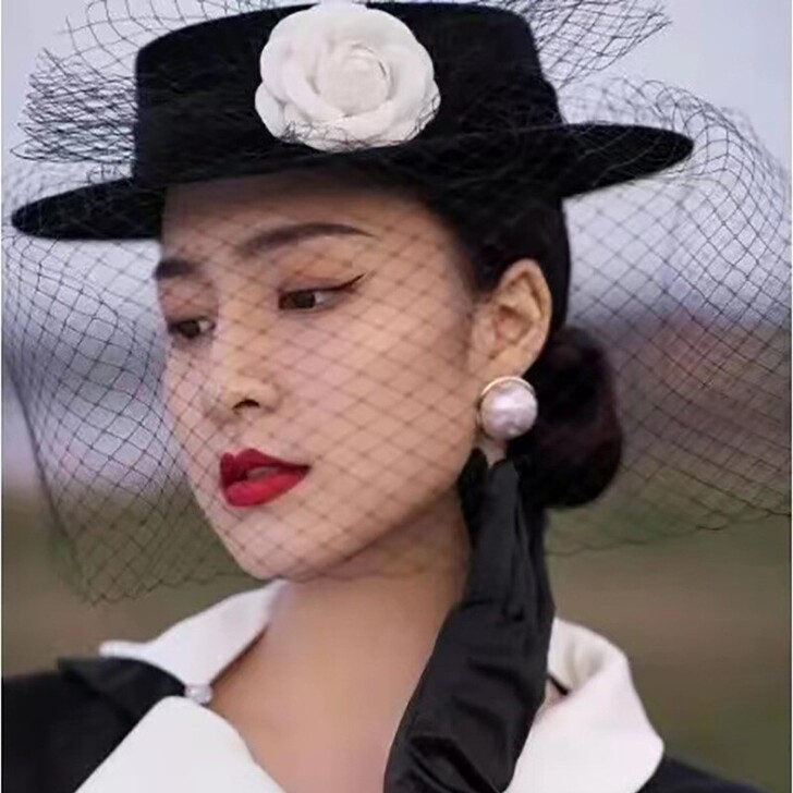 赫本风礼帽女黑色网纱宴会演出复古优雅时尚丝...