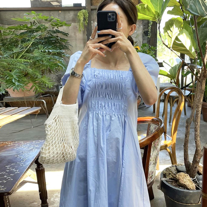 韩国chic夏季优雅方领奶软蓝前后褶皱松紧...