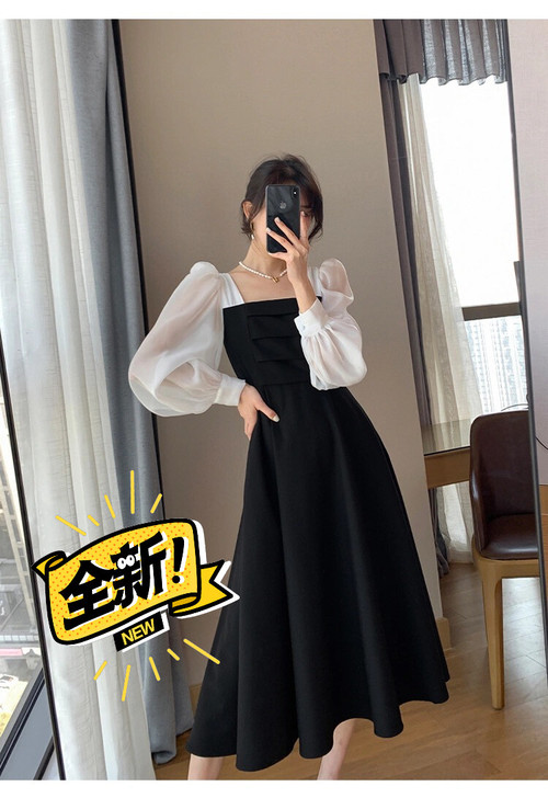 【全新包邮】长袖黑色欧根纱炸街连衣裙女新款...