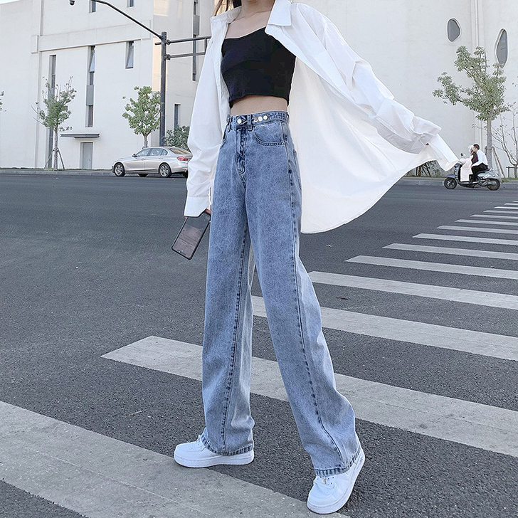 浅色高腰牛仔裤女夏直筒宽松显瘦春装2021...