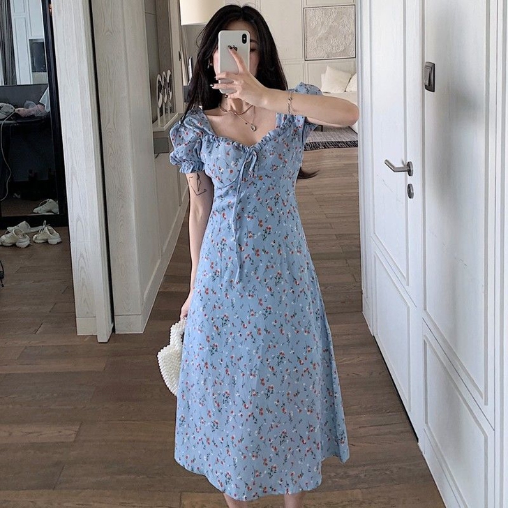 桔梗法式小众初恋裙子超仙女甜美森系温柔风蓝...
