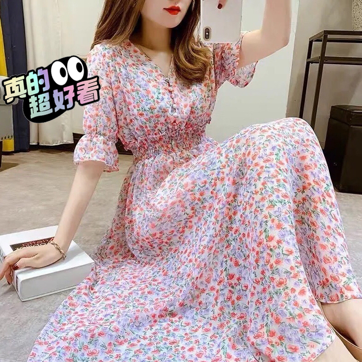 短袖连衣裙女夏季新款时尚碎花荷叶袖V领雪纺...