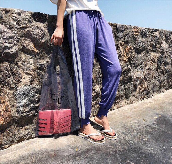 于momo街拍裤子女潮宽松紫色运动裤in#...