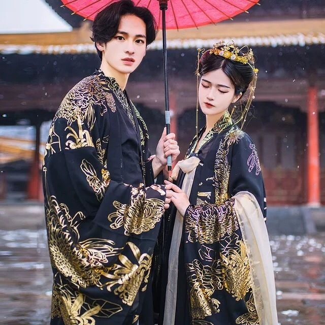 汉服男【君临】烫金大袖衫情侣黑色套装交领对...
