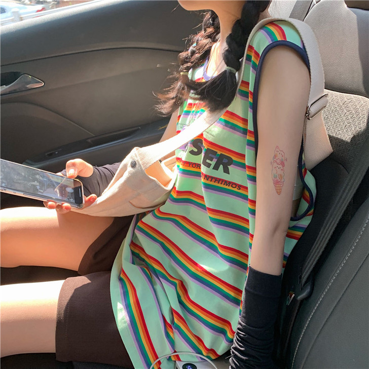 网红泫雅风条纹无袖上衣T恤女韩版宽松百搭外...