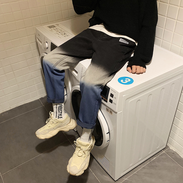 渐变牛仔裤男春秋款潮流直筒宽松韩版百搭阔腿...