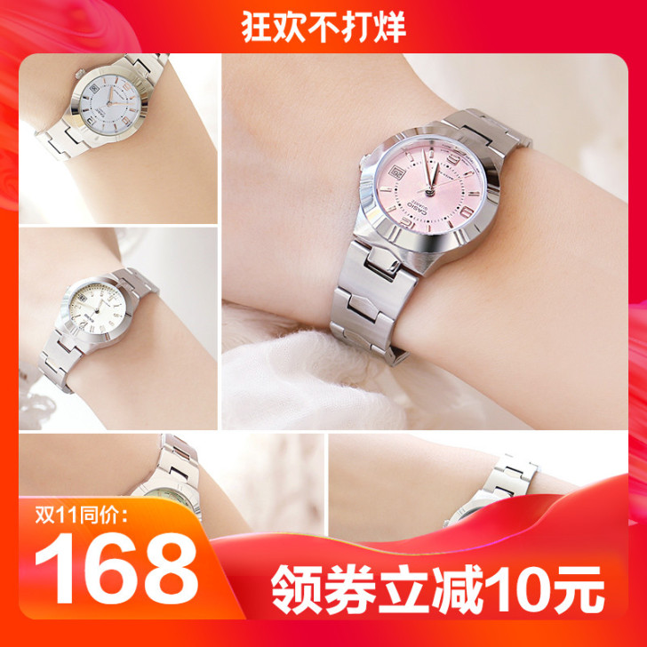 正品卡西欧樱花手表女简约小巧钢带防水石英c...