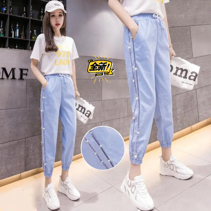 全新 天丝牛仔裤女夏2021新款显瘦哈伦裤...