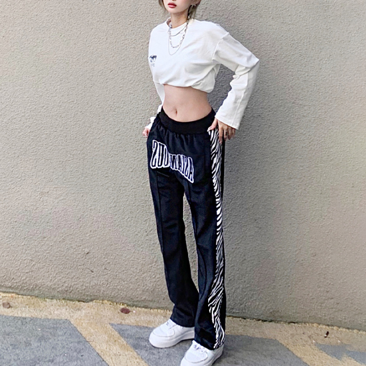 hiphop高街斑马纹裤子女夏季薄款黑色美...