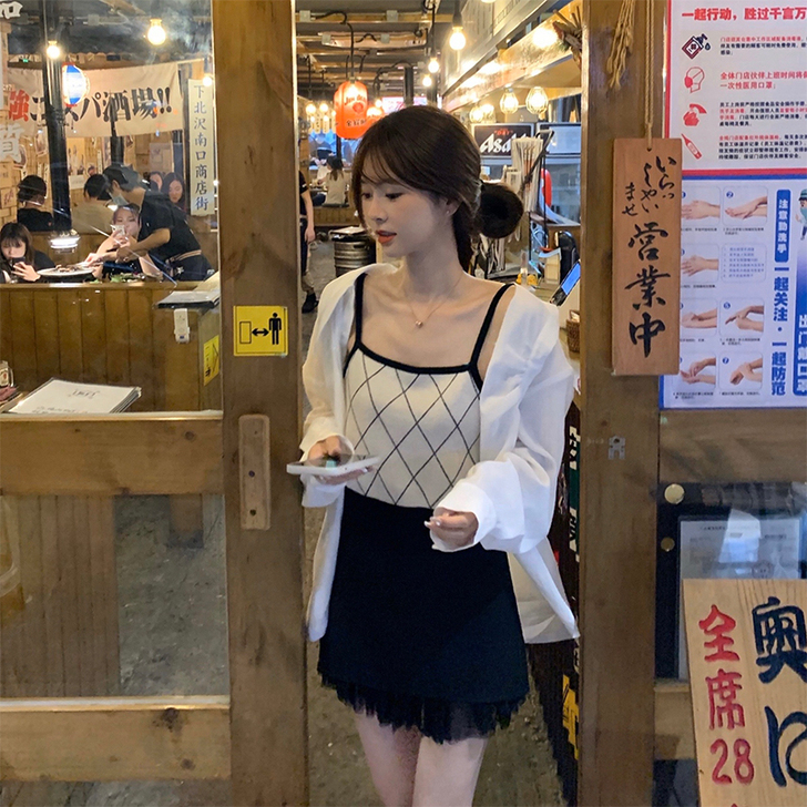 肉完黑色针织小吊带女2021春夏新款外穿无...