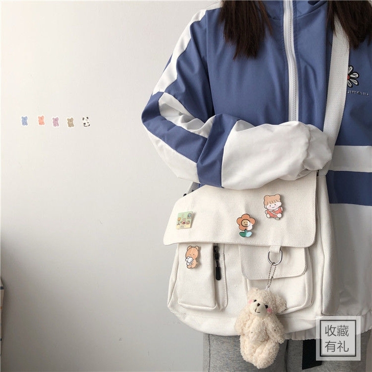 日系原宿可爱古着感少女学生单肩斜挎帆布包新...