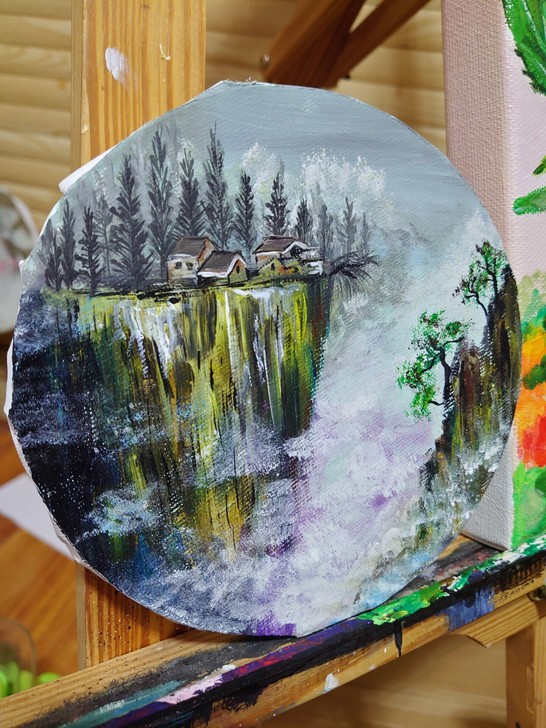 自己画的丙烯山水风景画圆形油画布装饰画丙烯画