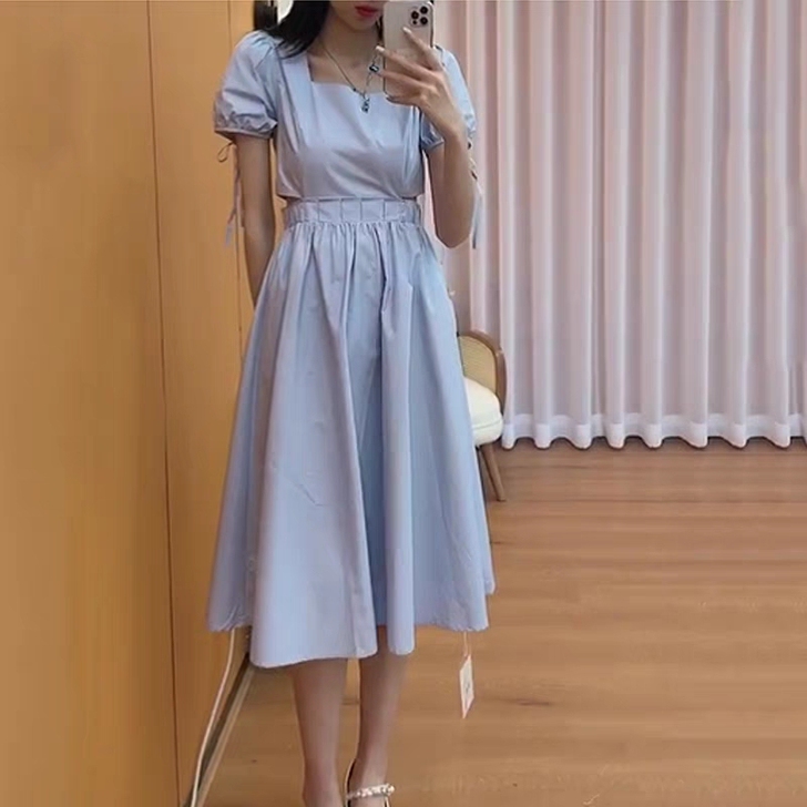 可交换法式蓝色连衣裙女夏方领泡泡袖设计感小...