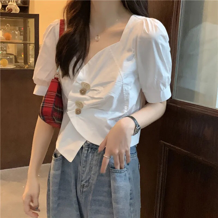 不规则V领短款白衬衫女士设计感小众2021...