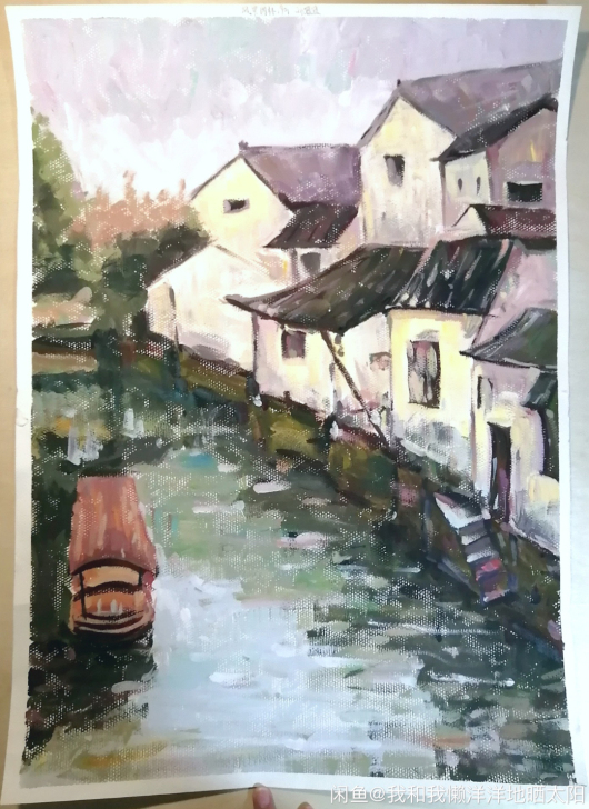 4K大小，水粉画，小镇风景，有原照片。