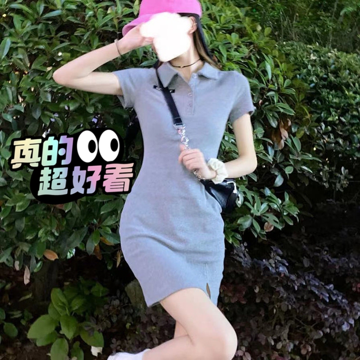 连衣裙女夏季新款polo领性感开衩包臀裙显...