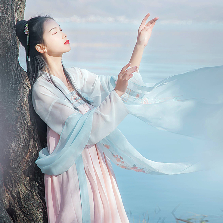 汉尚华莲传统汉服女装月痕高腰齐胸襦裙花朵刺...