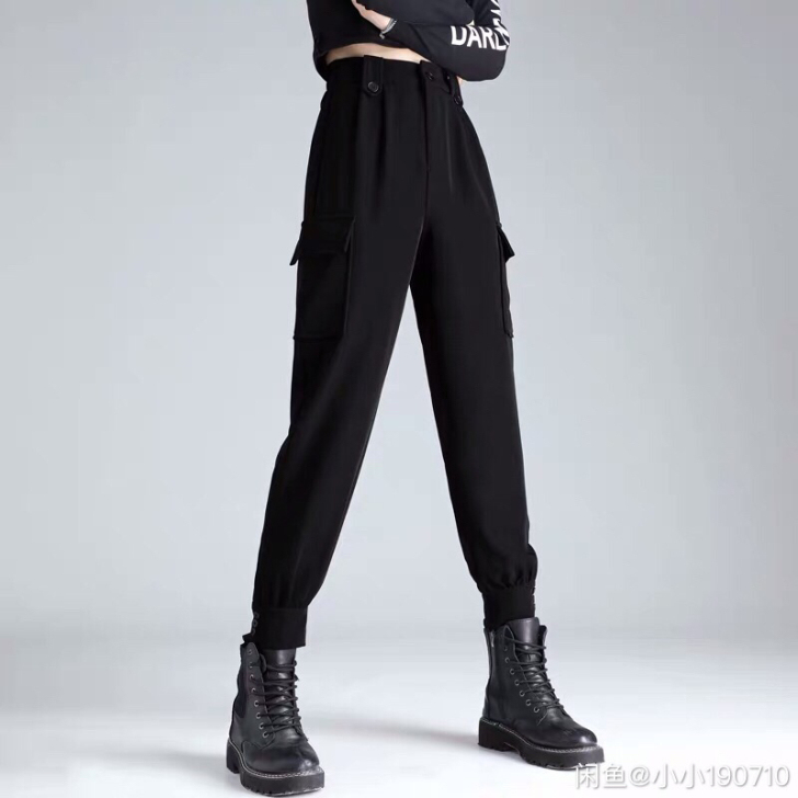 2020新款黑色工装裤女秋冬高腰宽松束脚显...