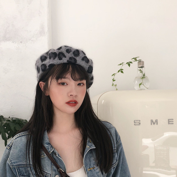 丁走走/巨洋气~复古豹纹兔毛贝雷帽女秋冬百...
