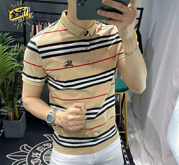 B欧洲站t恤男短袖潮牌b家条纹polo衫欧...