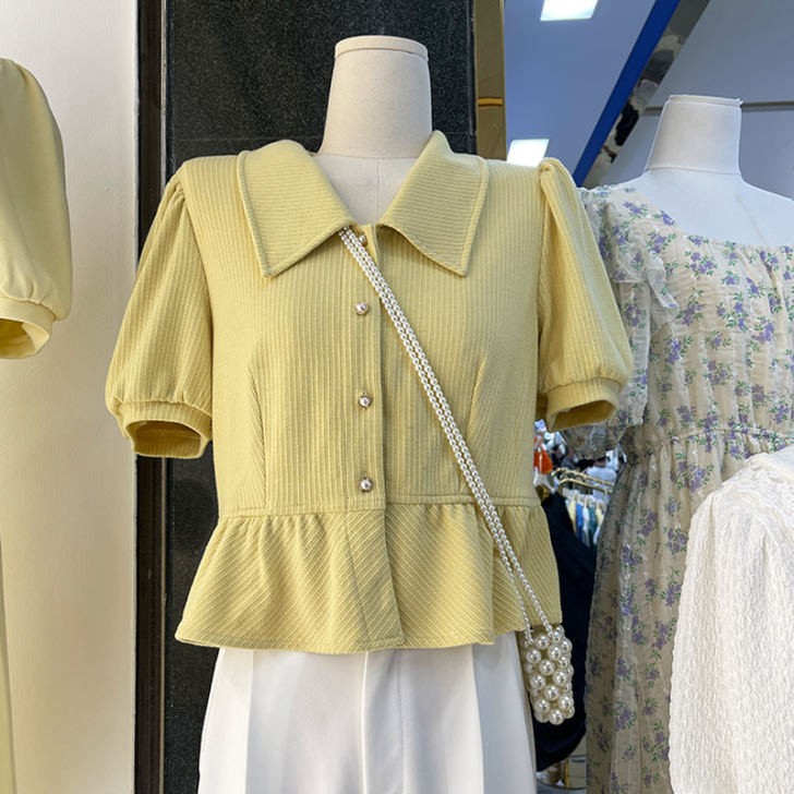 翻领泡泡袖短款衬衫女2021夏装新款韩范洋...